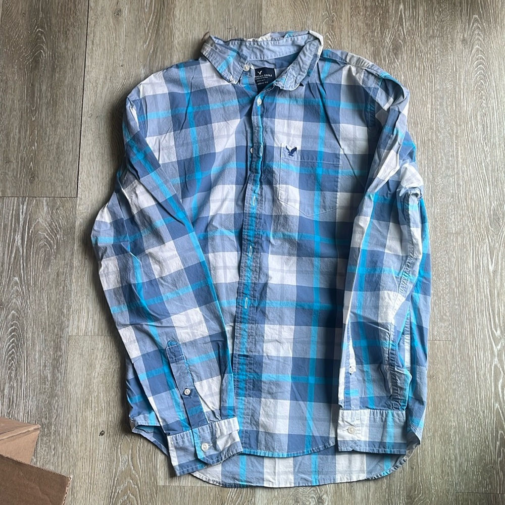 Blue/teal and white button down shirt